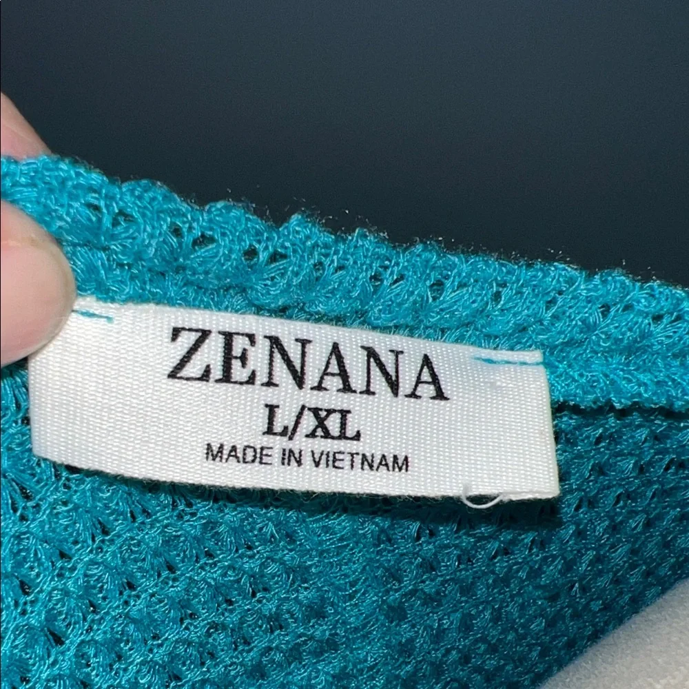 Zenana V-Neck Top Women L/XL‎ Teal Blue Excellent Textured Open Knit Bow Back - Picture 5 of 9